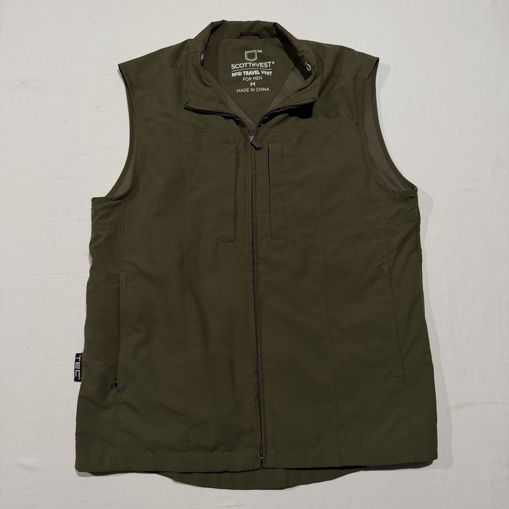 SCOTTeVEST RFID Travel Vest Mens Medium Olive Green 26 Pocket Tablet iPad TEC M